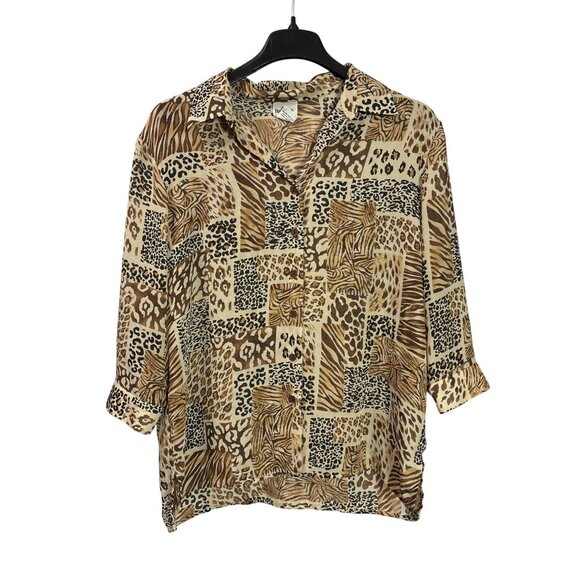 Vtg 90s BonWorth Womens Sheer Animal Print Button Front Blouse L 3/4 Sleeve - Picture 1 of 4